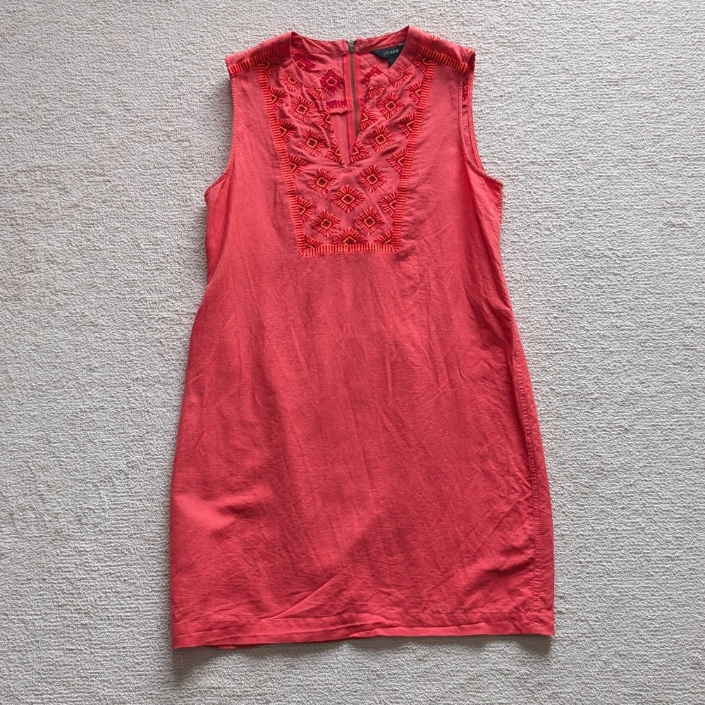 J. Crew bright coral tunic dress with embroidered neckline, size S